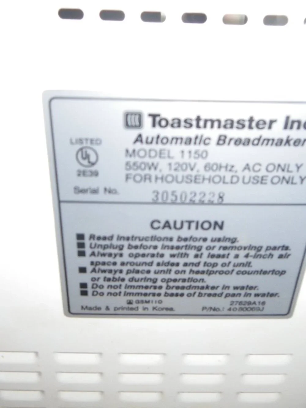 Vintage Toastmaster Bread Box Bread Maker Model 1150 White 550W